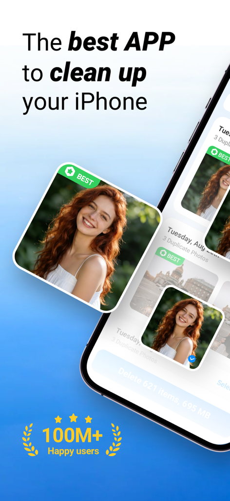 Interface of Phone Security Privacy Shield app showing duplicate photo removal and storage optimization on iPhone
