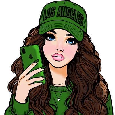 realistic beautiful girl wearing los ángeles cap holding an iphone