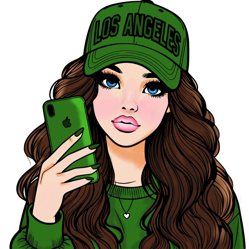realistic beautiful girl wearing los ángeles cap holding an iphone