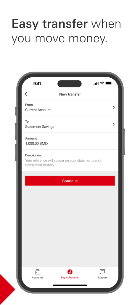 HSBC Bermuda - Smartphone interface showing the money transfer feature of the HSBC Bermuda banking app.