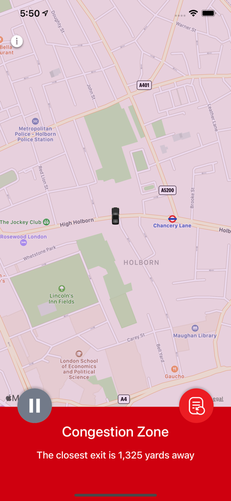 Congestion Zone App - Mobile screen showing a car navigation map of London with a red bar indicating the driver is inside the congestion zone