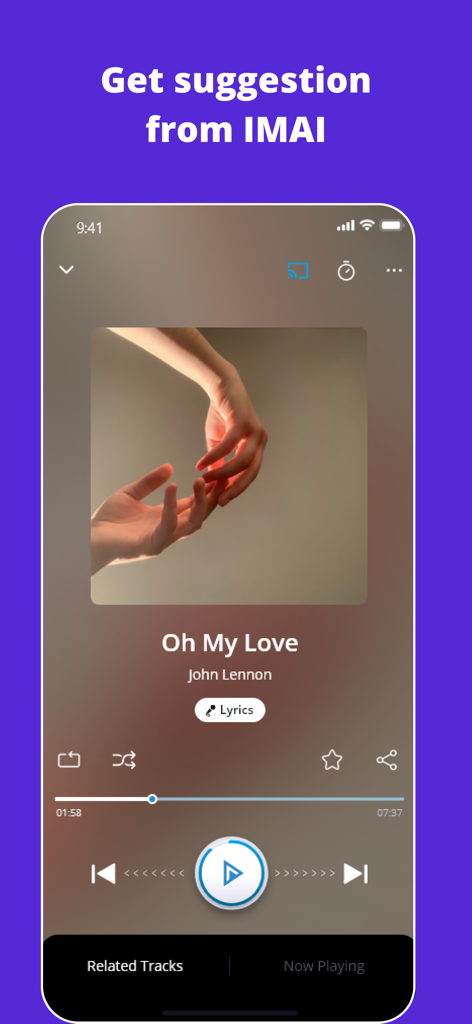 IMUSIC app music player screen displaying a John Lennon song with AI suggestions