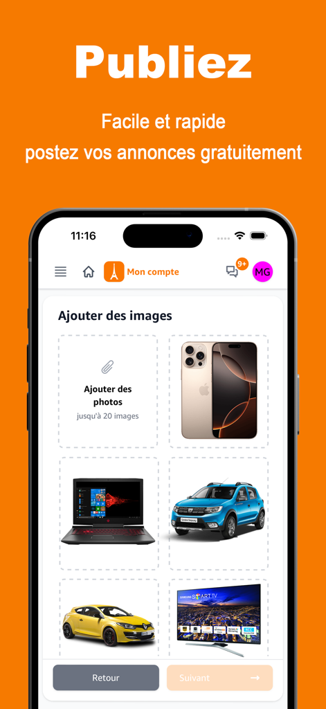 Pantalla móvil de la aplicación Anuncios en Francia que muestra la interfaz para agregar imágenes para un nuevo anuncio clasificado