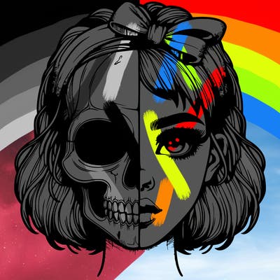 realistic girl with half skull mask