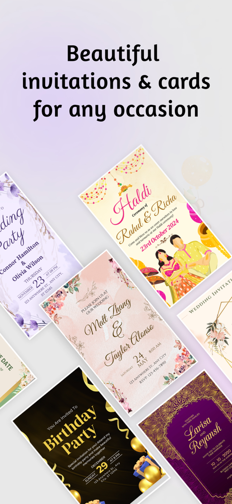 Invitation Card & Design Maker - Une collection de magnifiques modèles de cartes d'invitation pour les mariages, les anniversaires et les cérémonies culturelles.