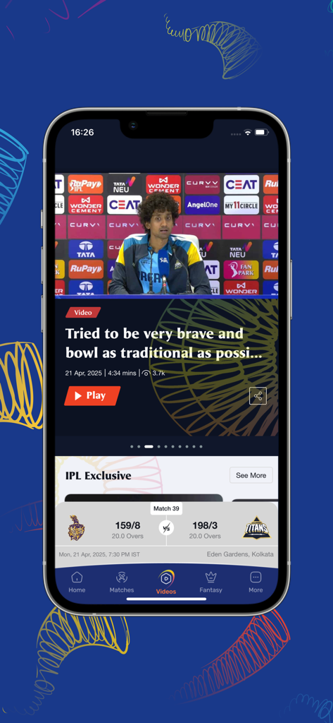 The official IPL app displaying a player interview video and live match scores