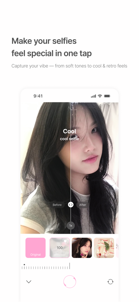 BerryFilm - Korean Style Cam - A smartphone screen showing a before and after comparison of a soft cool aesthetic filter applied to a woman's selfie