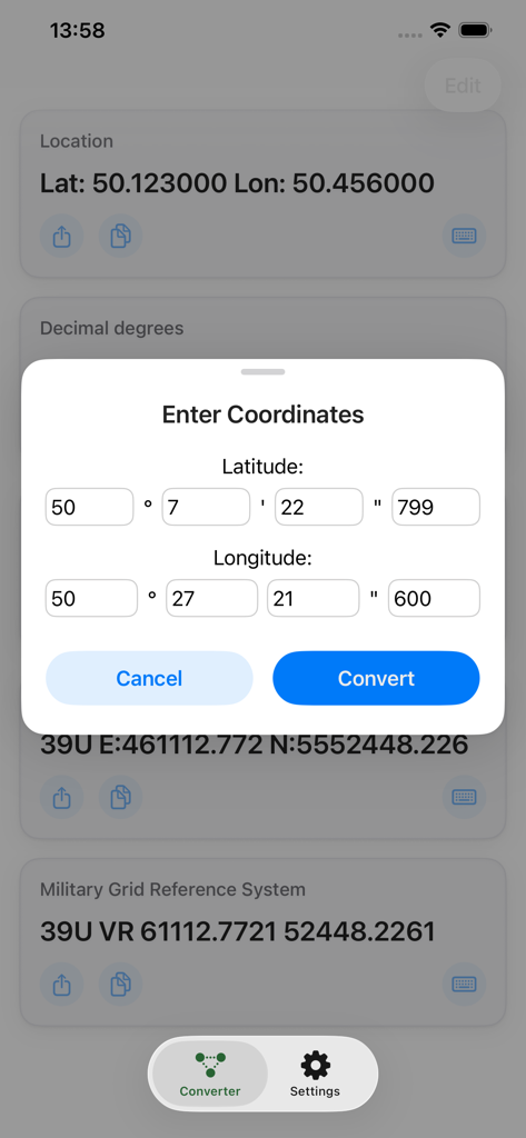 Interface of the Geo Changer app showing a popup to enter latitude and longitude coordinates for conversion.