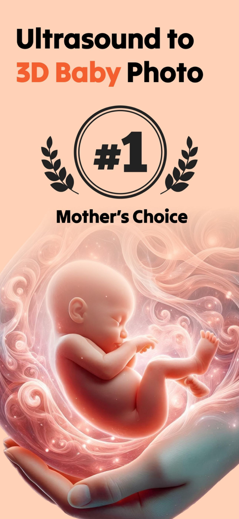 Pantalla introductoria de la aplicación BabyScan con una ilustración de un feto en el útero y el texto "Ecografía a Foto de Bebé 3D".