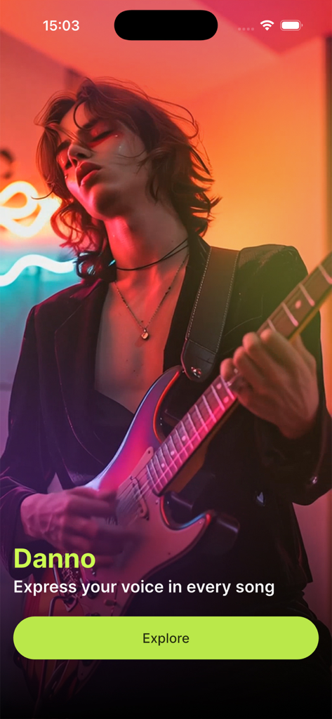 Danno AI Cover & Music Maker - Danno AI App Startbildschirm mit einem Gitarristen unter bunten Lichtern