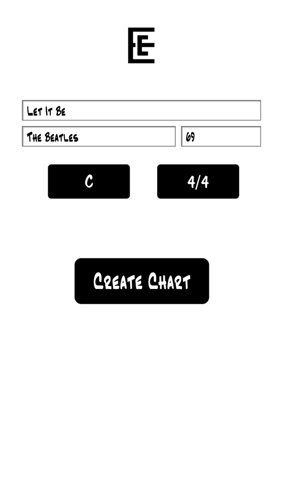 Initial setup screen for creating a new music chart with fields for song title artist key and tempo