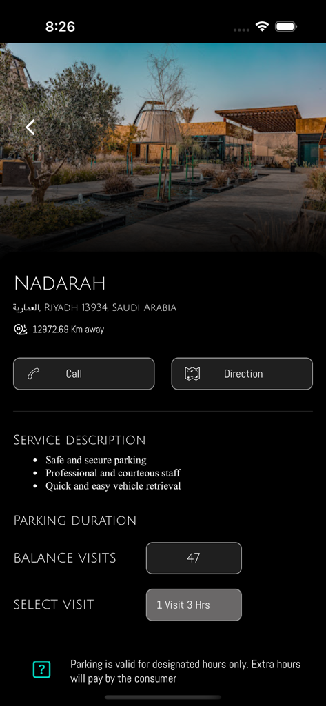 Valet parking service screen for Nadarah in the ZAPS Premium app
