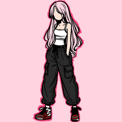 girl in baggy pants crop top and long hair
