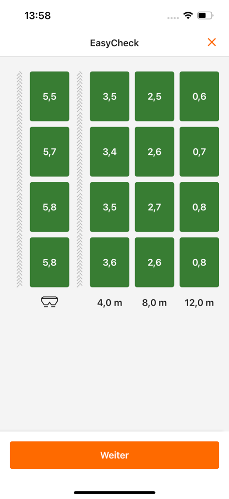 mySpreader - EasyCheck interface showing fertilizer lateral distribution results on a digital grid