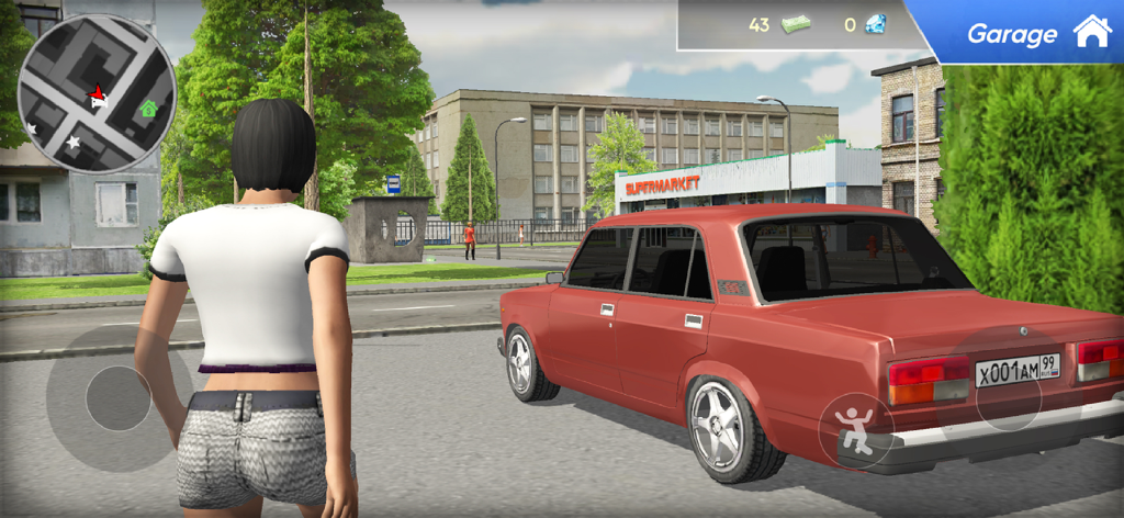 Criminal Russian Lada 2107 - Vista de juego en tercera persona de un personaje de pie cerca de un Lada 2107 rojo en una calle de la ciudad