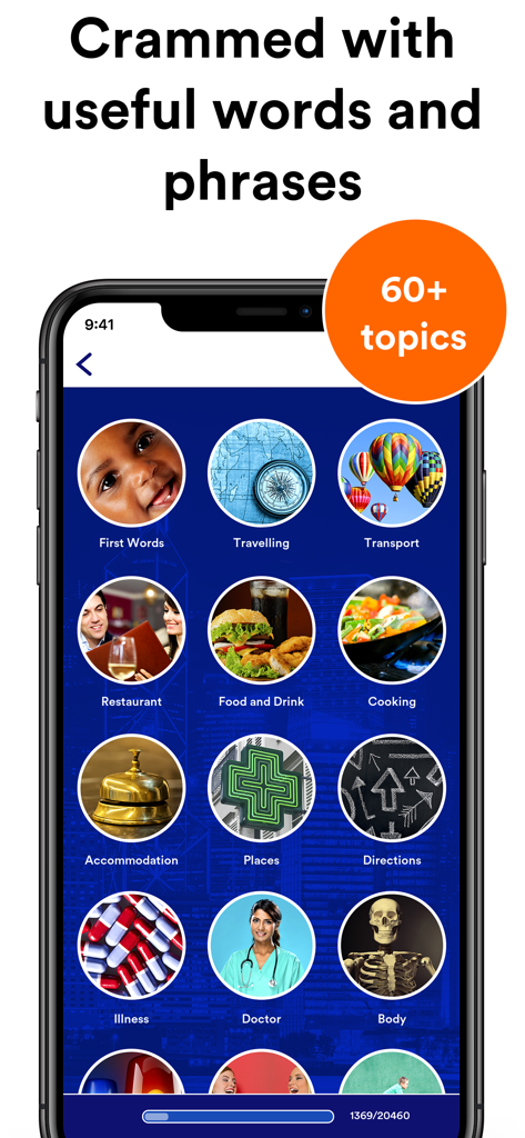 uTalk app screen showing language learning categories like travel food and medical topics