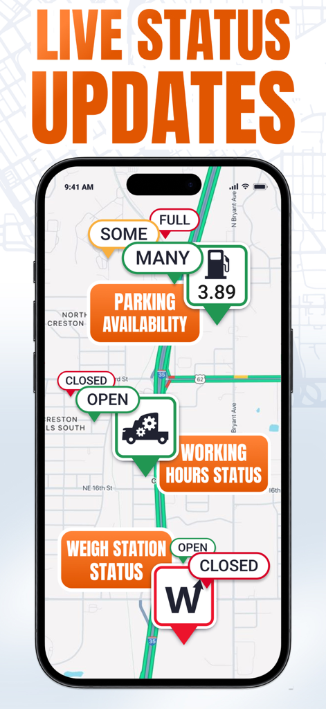 Trucker Guide app interface showing real time parking fuel prices and weigh station status updates