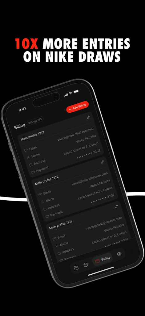 Laced app interface showing multiple billing profiles for sneaker drop entries