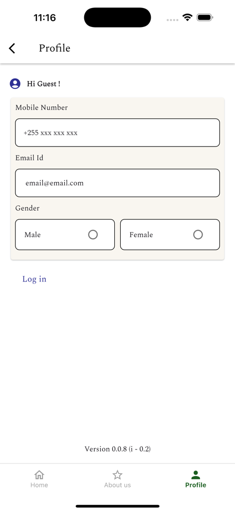 BM Coach - BM Coach app profile screen showing guest registration fields for mobile number email and gender selection