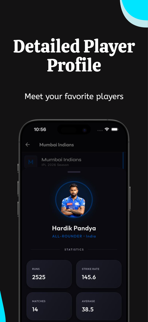 Perfil detallado del jugador de cricket Hardik Pandya en la aplicación CrickTrack mostrando estadísticas de partidos