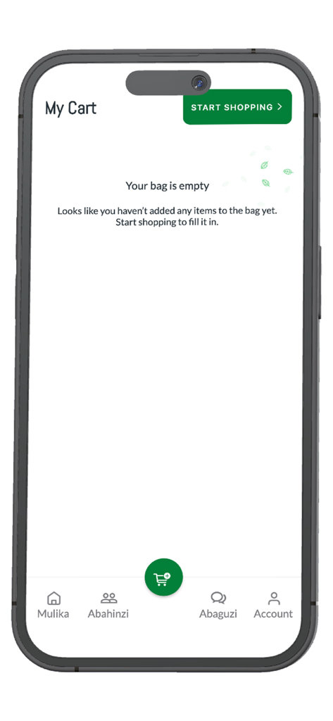 Murika - Schermata del carrello vuoto dell'app Murika con un pulsante per iniziare lo shopping di prodotti agricoli.