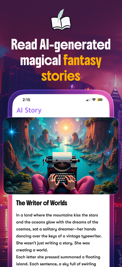 Novel AI - AI Story Generator - Mobile app interface for Novel AI showing a fantasy story titled The Writer of Worlds with a magical landscape illustration.
