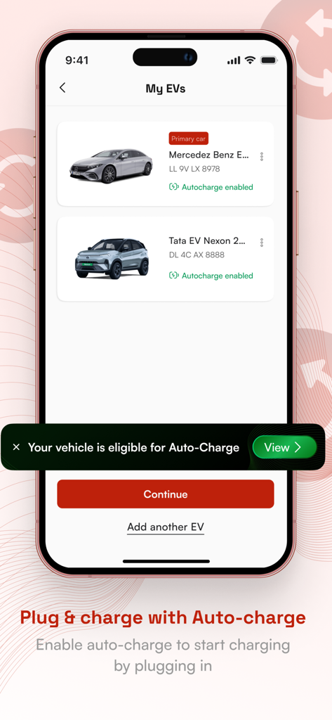 Charge ZoneアプリのマイEV画面のスクリーンショットで、車両管理と自動充電機能が表示されている様子