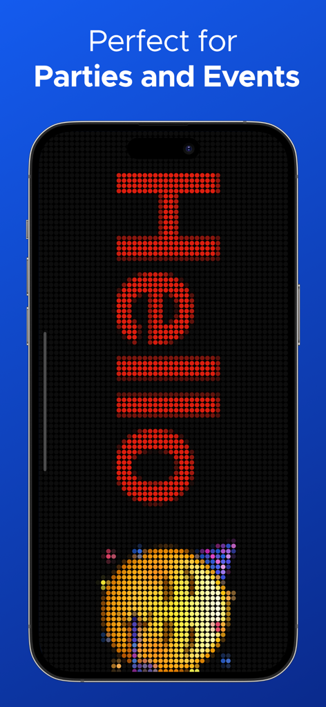 Una pantalla de smartphone que muestra un mensaje LED rojo que dice Hello con un emoji de fiesta para eventos sociales.