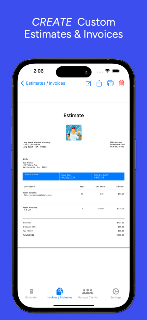 Mobile app screen showing a professional window cleaning estimate with itemized service costs and business logo