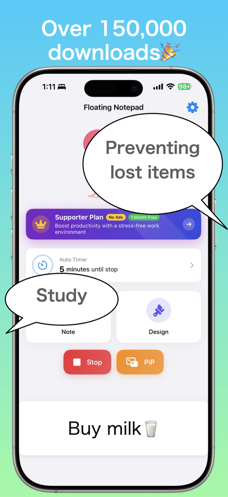 Floating Notepad　-Overlay- - Floating Notepad app interface showing note overlays for study reminders and shopping lists on an iPhone.