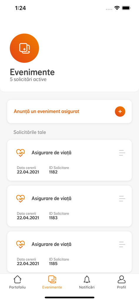 NN Direct - NN Directアプリのモバイルインターフェース、アクティブな保険請求と新しいイベントを報告するオプションを表示