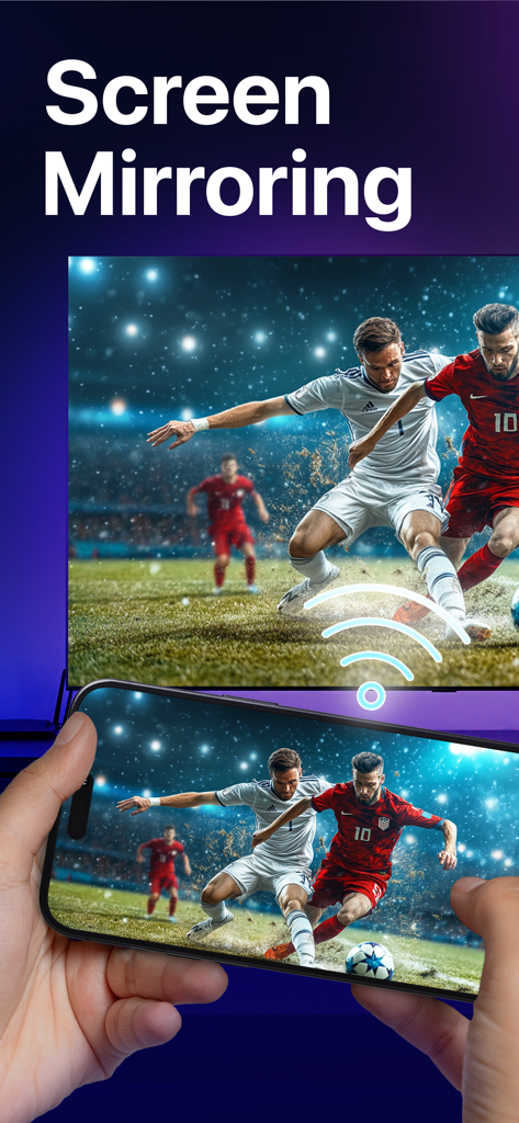 CastOn - Screen Mirror & Share - Smartphone mirroring a soccer game to a large television screen