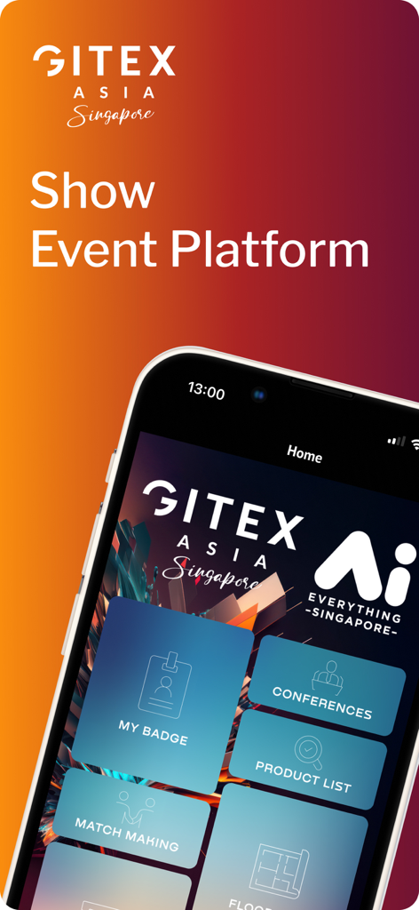 GITEX ASIA - GITEX ASIA mobile app home screen showing event features like digital badge and matchmaking