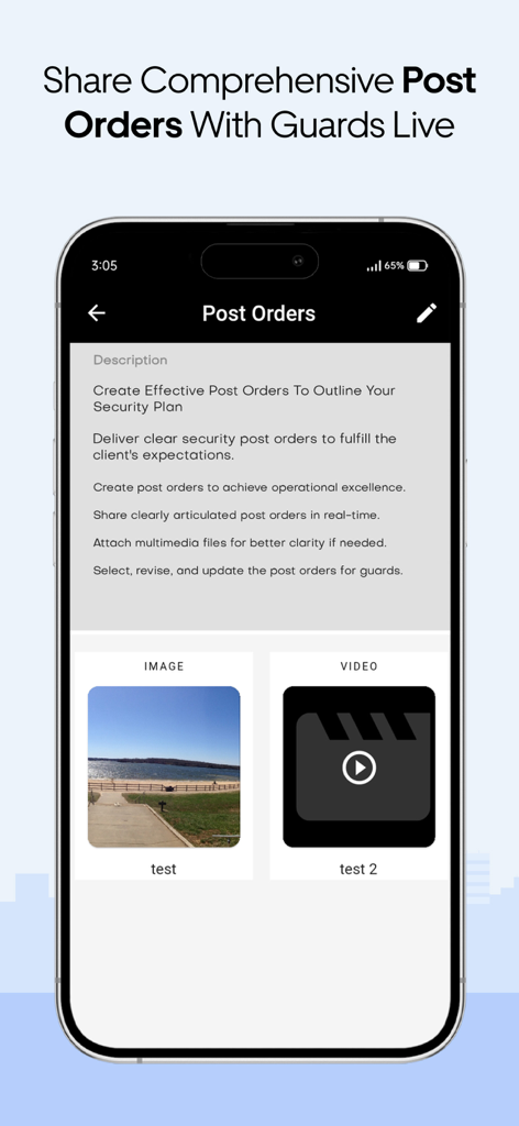 Security Guard App - A mobile screen from the Security Guard App showing the Post Orders feature with options to share text descriptions, images, and videos with guards in real-time.