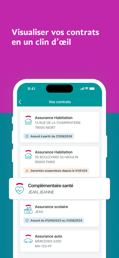 A smartphone screen displaying the MAAF et Moi app with a list of various insurance contracts including home health school and auto policies
