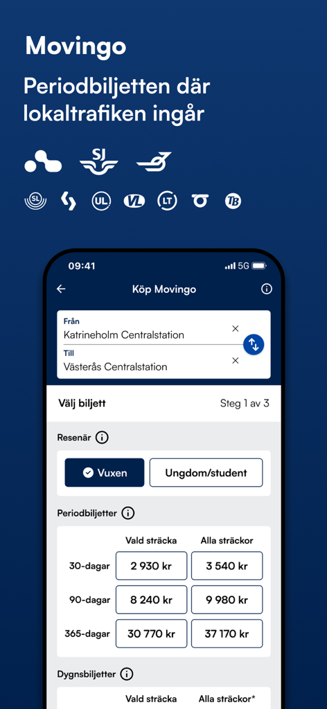 Mälardalstrafik - Screenshot of the Malardalstrafik mobile app showing Movingo period ticket pricing options and route selection