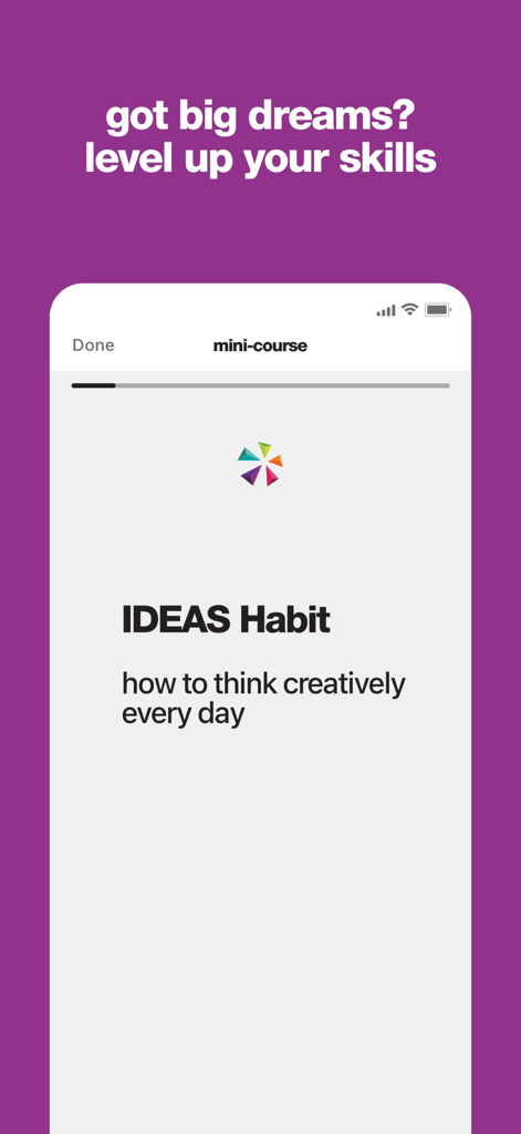 Brainsparker Creativity Coach - Brainsparker app screen displaying a mini-course titled IDEAS Habit on how to think creatively every day