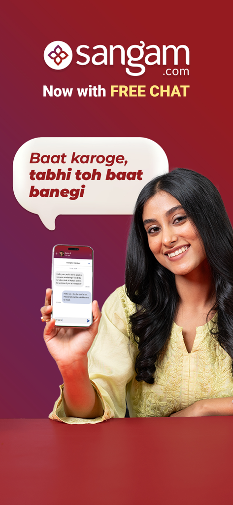 Sangam.com - Matrimonial App - A smiling young Indian woman holding a smartphone showing the Sangam matrimony app chat interface