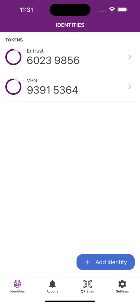 Entrust Identity mobile app screen displaying two factor authentication tokens for VPN and secure login