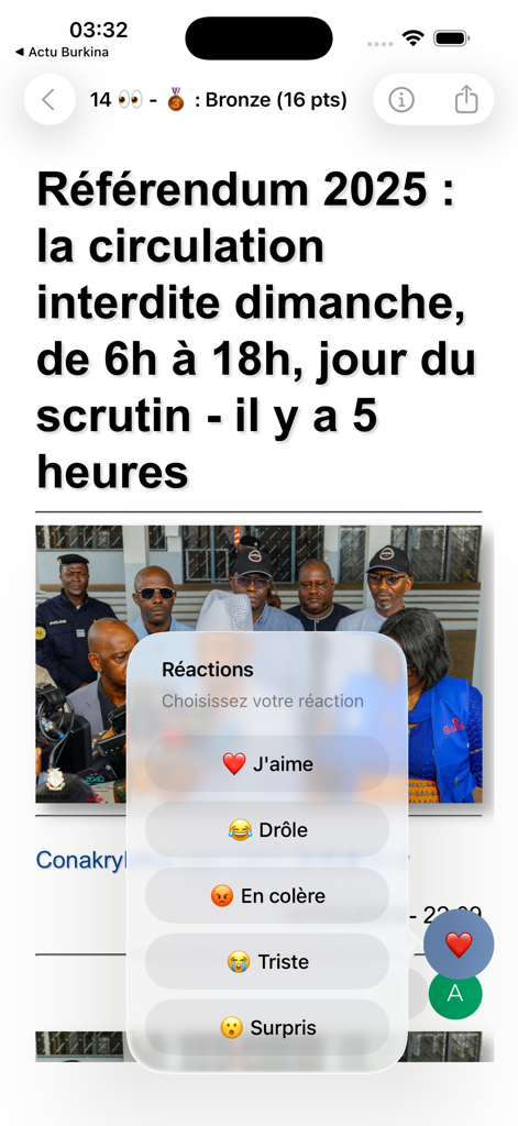 Actu Guinée - infos complètes - News article screen in the Actu Guinee app with a reaction selection menu overlay