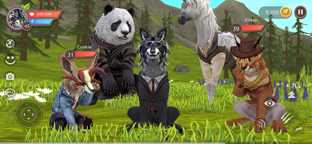A group of customized animals including a wolf in a suit and a lynx in a cowboy hat in a 3D forest environment