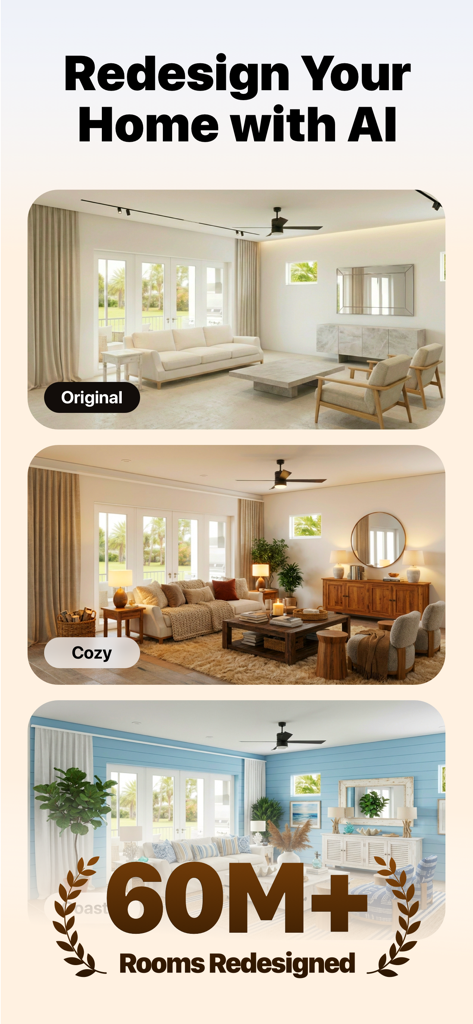 AI Home: Interior Design - AI Home app showing a living room transformed into cozy and coastal styles using artificial intelligence