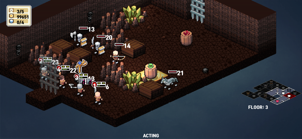 SFD : ROGUE TRPG - Combate táctico por turnos de arte de píxeles isométrico en una mazmorra con esqueletos y aventureros en SFD Rogue TRPG
