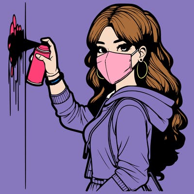 realistic girl with mask spray painting a wall