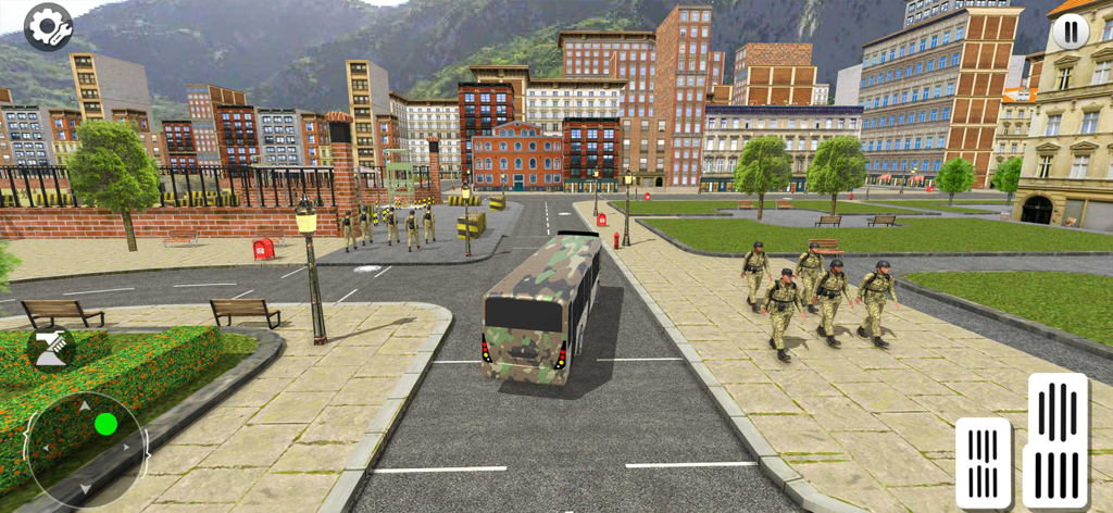 A camouflage army bus driving through a city square with soldiers marching on the sidewalk.