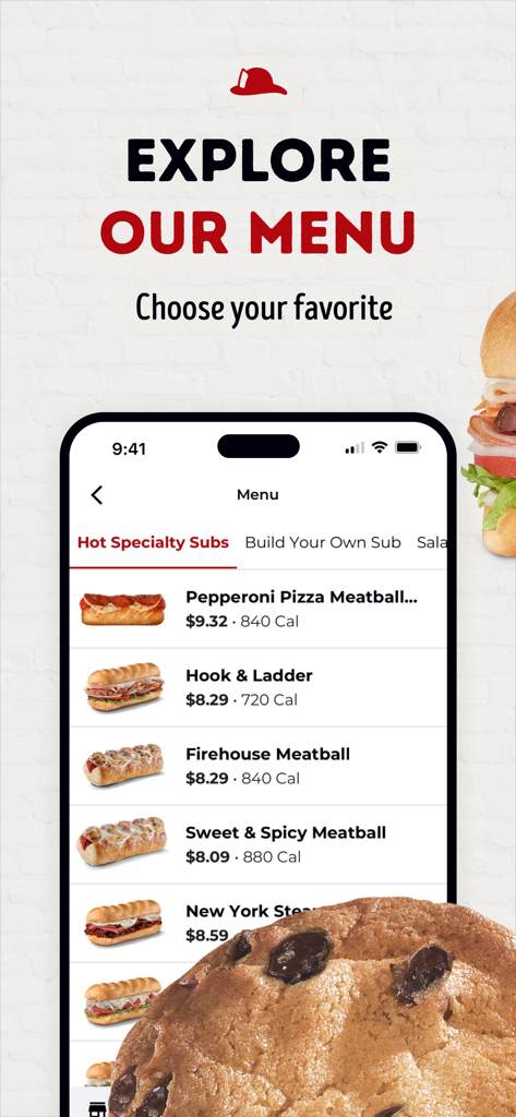 Firehouse Subs App-Oberfläche zeigt das Menü mit heißen Spezial-Subs mit Preisen und Kalorienangaben