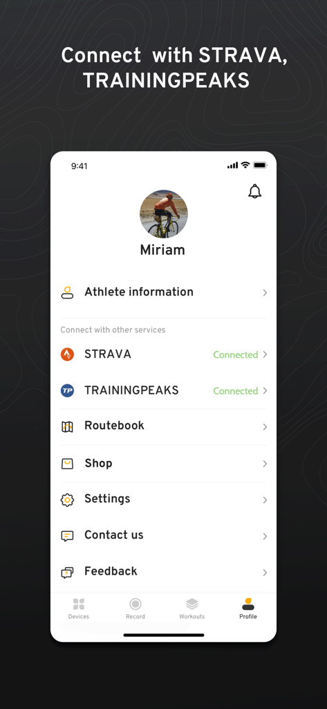 XOSS app profile screen showing connected accounts for Strava and TrainingPeaks