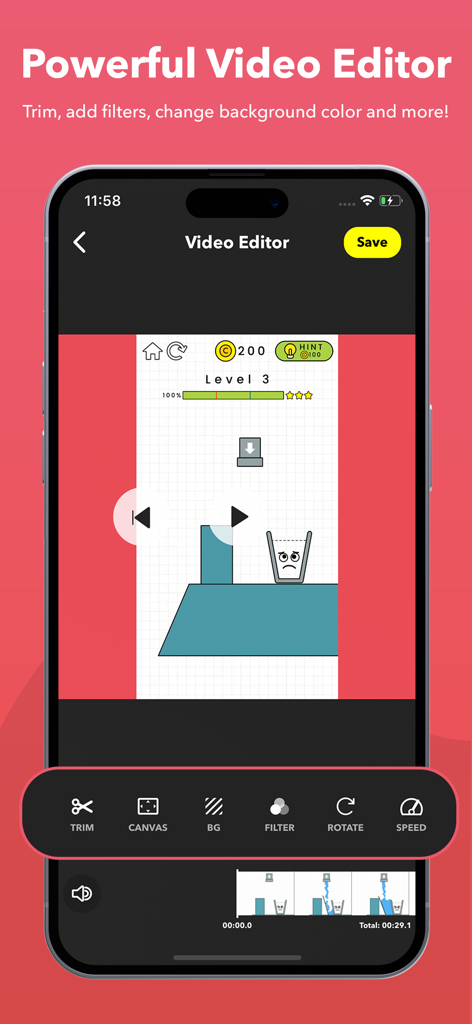 Record it screen recorder app showing video editing features like trimming and filtering for mobile game recordings
