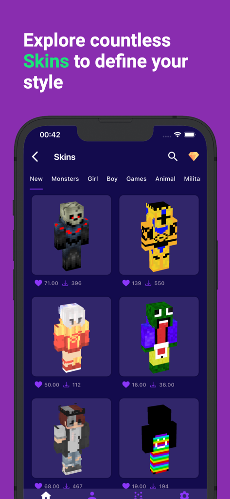A gallery of unique character skins for Minecraft PE featuring monsters and heroes