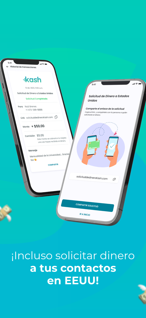 Two mobile phone screens displaying the Kash app feature to request money from contacts in the United States.